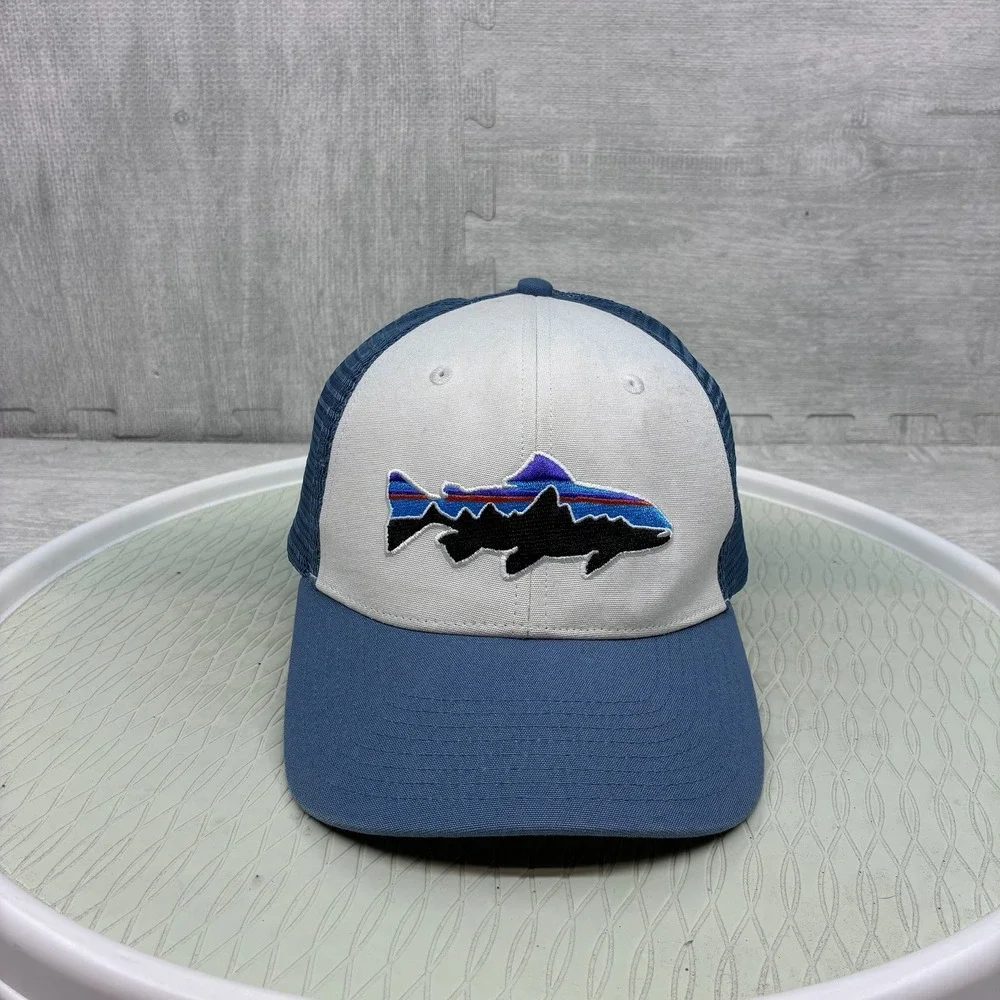 Patagonia Fitz Roy Trout Trucker Hat Men One Size Blue White Cotton Mesh